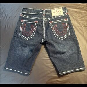 True Religion Men’s Dark Blue Denim Shorts with Red & White Contrast Stitching